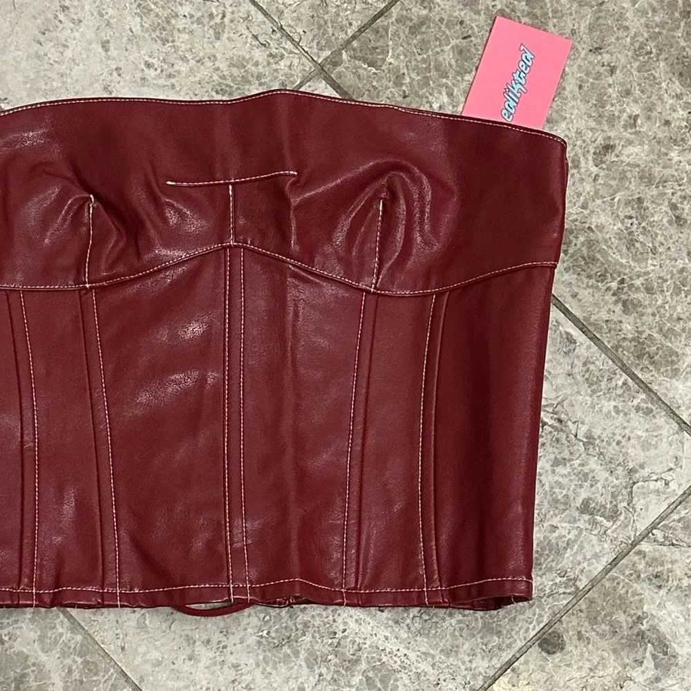 Edikted Moss Faux Leather Lace Up Corset Burgundry NEW Medium